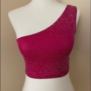 Hot pink glitter one shoulder crop top